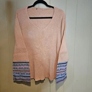 Pink V-Neck Sweater with Patterned Sleeves